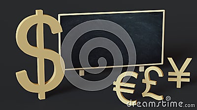 Dollar symbol rises above the symbols of other currencies near the school blackboard with space for text or logo on a dark Stock Photo