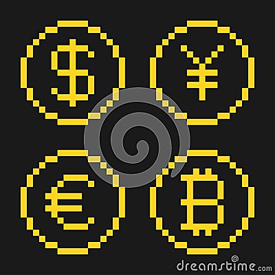 Dollar yen euro bitcoin pixel icons Vector Illustration