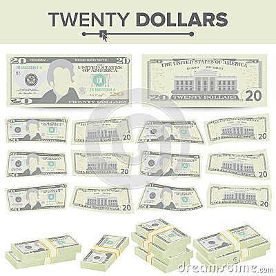 20 Dollars Banknote Vector. Cartoon US Currency. Two Sides Of Twenty American Money Bill Isolated Illustration. Cash Vector Illustration