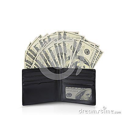 Dollars in bills spilling out of billfold Stock Photo