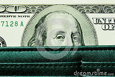 Dollars in dark green wallet. Money, finance concept. Stock Photo