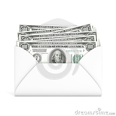 Dollars in envelope. Front view. 3D render Cartoon Illustration