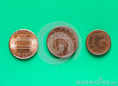 Dollars, Euro and Pounds - 1 Cent, 1 Penny Stock Photo