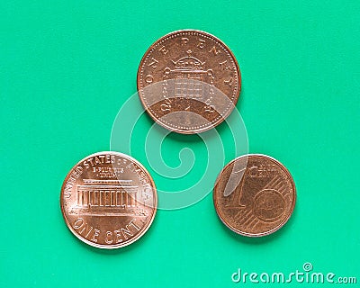 Dollars, Euro and Pounds - 1 Cent, 1 Penny Stock Photo