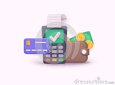 Dollars and gold coins stack. Wealth and banking icon. 3d payment terminal with red cross checkmark. Cashless NFC payment Vector Illustration