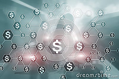 Dollars icons, money network structure. ICO, trading and investment. Crowdfunding. Stock Photo