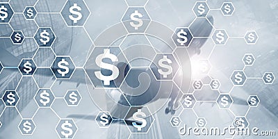 Dollars icons on virtual screen. Mixed Media Universal background. Investment exchange concept. Stock Photo