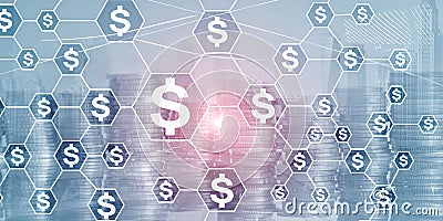 Dollars icons on virtual screen. Mixed Media Universal background. Investment exchange concept Stock Photo
