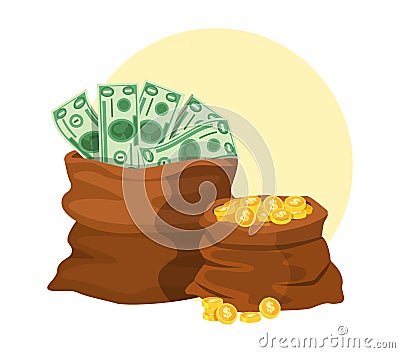 Dollars money banknotes and coins. Bag of gold coins and money banknotes. Treasure bag, bonus game element coins vector Vector Illustration