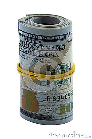 100 dollars rolled into a roll isolated on white background. concept wealth, criminal money Stock Photo