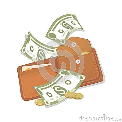 Dollars signs, gold coins. Orange wallet isolated. Green american money. Wallet, dollar bank note Vector Illustration