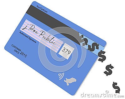 Dollars signs pour out of the magnetic strip on the back of a credit card Cartoon Illustration