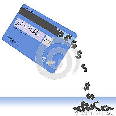 Dollars signs pour out of the magnetic strip on the back of a credit card Cartoon Illustration