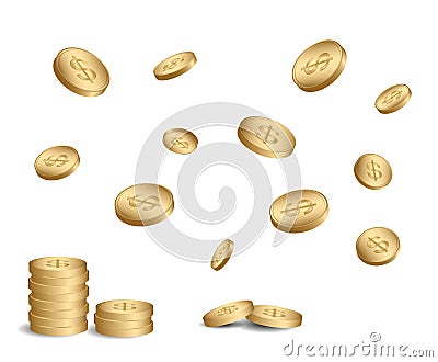 Dollars in stacks and falling down - vector coins Vector Illustration