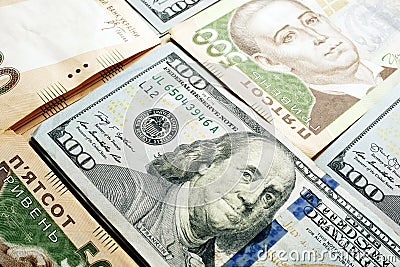 Dollars usd and Ukrainian hryvnia uah money. Stock Photo