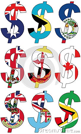 Dollars with various flags - set Stock Photo