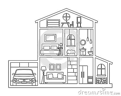 Dollhouse, cottage house in cross section - picture for coloring book Vector Illustration