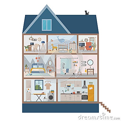 Dollhouse. Section of the house. Detailed interiors with furniture and decor. Vector Illustration