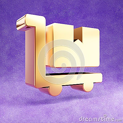 Dolly flatbed icon. Gold glossy Dolly flatbed symbol isolated on violet velvet background. Stock Photo