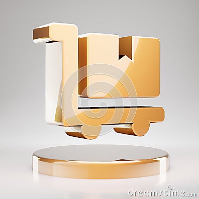 Dolly Flatbed icon. Yellow Gold Dolly Flatbed symbol on golden podium Stock Photo