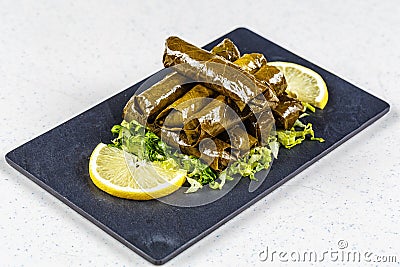 Dolma, stuffed grape leaves with rice and meat. Stock Photo