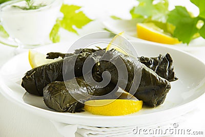 Dolma, stuffed grape leaves, Stock Photo