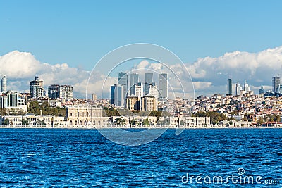 Dolmabahce Palace, located in the Besiktas district of Istanbul, Turkey, on the European coast of the Strait of Istanbul, and the Editorial Stock Photo