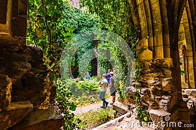 Dolni Kounice, Czech Republic - 6.7.2020: Tourists are visiting the Rosa Coeli monastery. Old ruined woman monastery is built in Editorial Stock Photo
