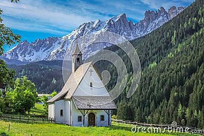 Dolomites italian alpine church chapel near Cortina and Falzarego Pass, Italy Stock Photo