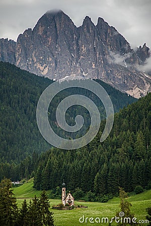 Dolomites, Italy - July, 2019: Famous best alpine place of the world, Santa Maddalena village with Dolomites mountains in Editorial Stock Photo
