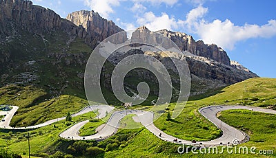 Dolomites landscape with mountain road. Stock Photo