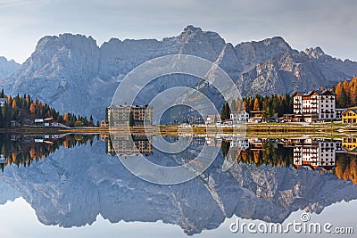 Dolomites mountains reflected in the Lago mi Misurina Lake at autumn, South Tyrol. Italy Stock Photo