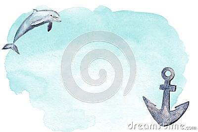 Dolphin and anchor watercolor blue background Cartoon Illustration