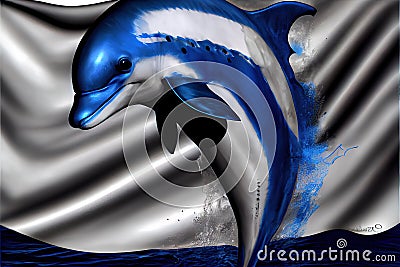 a dolphin with a blue nose and white body is in the water with a silver and blue background and a white and black flag Stock Photo