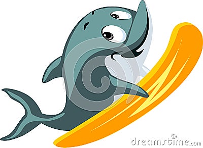 Dolphin cute flat design surfing isolated on white background Vector Illustration