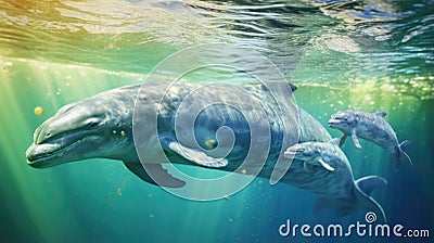 Dolphin family swimming in the ocean, AI Stock Photo