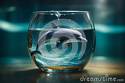 A dolphin in the glass of water , realistic image Stock Photo