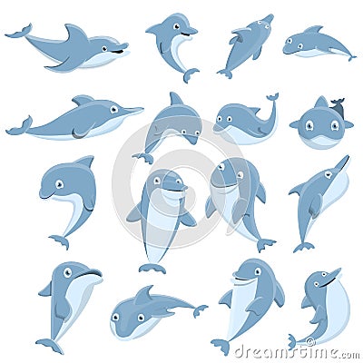 Dolphin icons set, cartoon style Vector Illustration