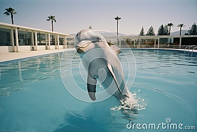 Dolphin jumping out of the pool in luxury hotel swimming pool, white dolphin in the pool, AI Generated Stock Photo