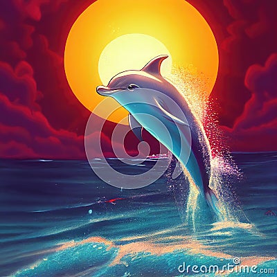 a dolphin jumping out of water in front of a colorful horizon, ai generated image Stock Photo