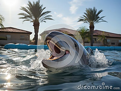 Dolphin lifeguard watching inflatable pool Stock Photo