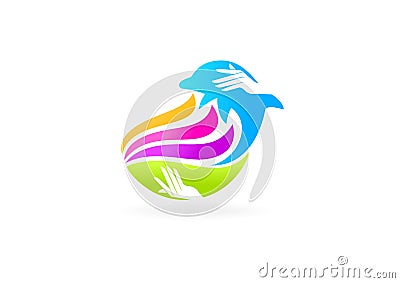 Dolphin logo, relax, icon, nails, symbol, spa, massage, yoga, and healthcare concept design Vector Illustration