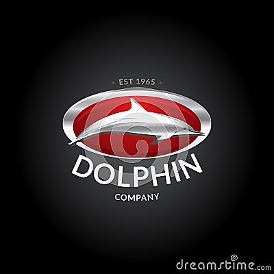 Dolphin logo template. Silver dolphin logotype on deep red background. Badge, t-shirt design, illustration. Cartoon Illustration