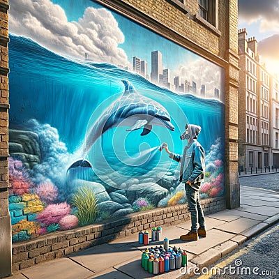Dolphin Mural Graffiti Artist Painting Ocean Scene Brick Wall Vintage City Building AI Generated Stock Photo