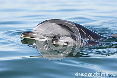 a dolphin nudging its calf to swim Stock Photo