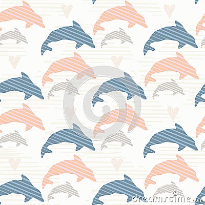 Blue and Pink Cute Kids Dolphin Silhouette Wave Vector Illustration