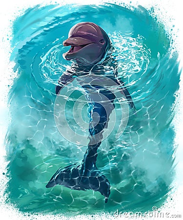 The dolphin stuck its head out of the water. Watercolor drawingg Stock Photo