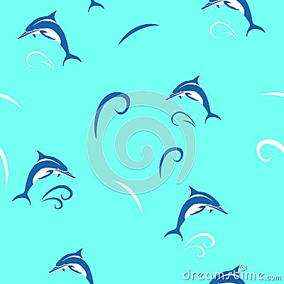 Dolphin stylized Vector seamless pattern on blue background Vector Illustration