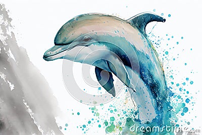 Dolphin watercolour sketch of the marine animal leaping and jumping from the ocean surface Cartoon Illustration