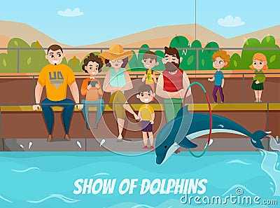 Dolphinarium And Family Illustration Vector Illustration